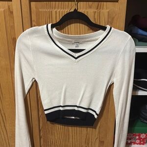 White and Navy blue V-Neck Sweater